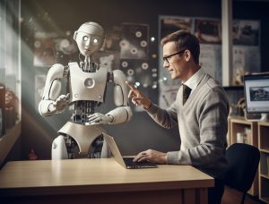 shows a robot and a humaan describes Trends in AI and Machine Learning in Digital Marketing .the person is either giving instruction or setting up the program for robot.