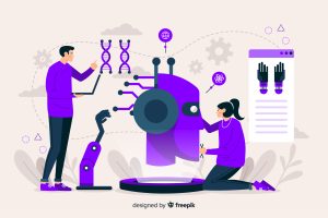 this is about machine learning. 2 people are shown in this ttrying to fix sme machine related things .the color used in this illustration is purple